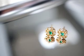 14K Gold Emerald Green Crystal Floral Stud Earrings