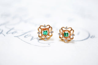 14K Gold Emerald Green Crystal Floral Stud Earrings