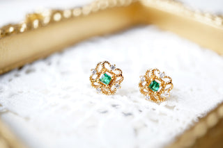 14K Gold Emerald Green Crystal Floral Stud Earrings