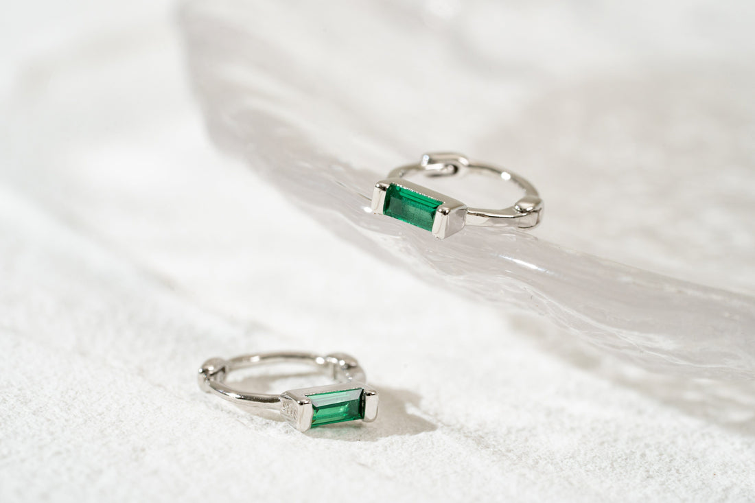 Green Baguette CZ Small Huggie Hoop Earrings