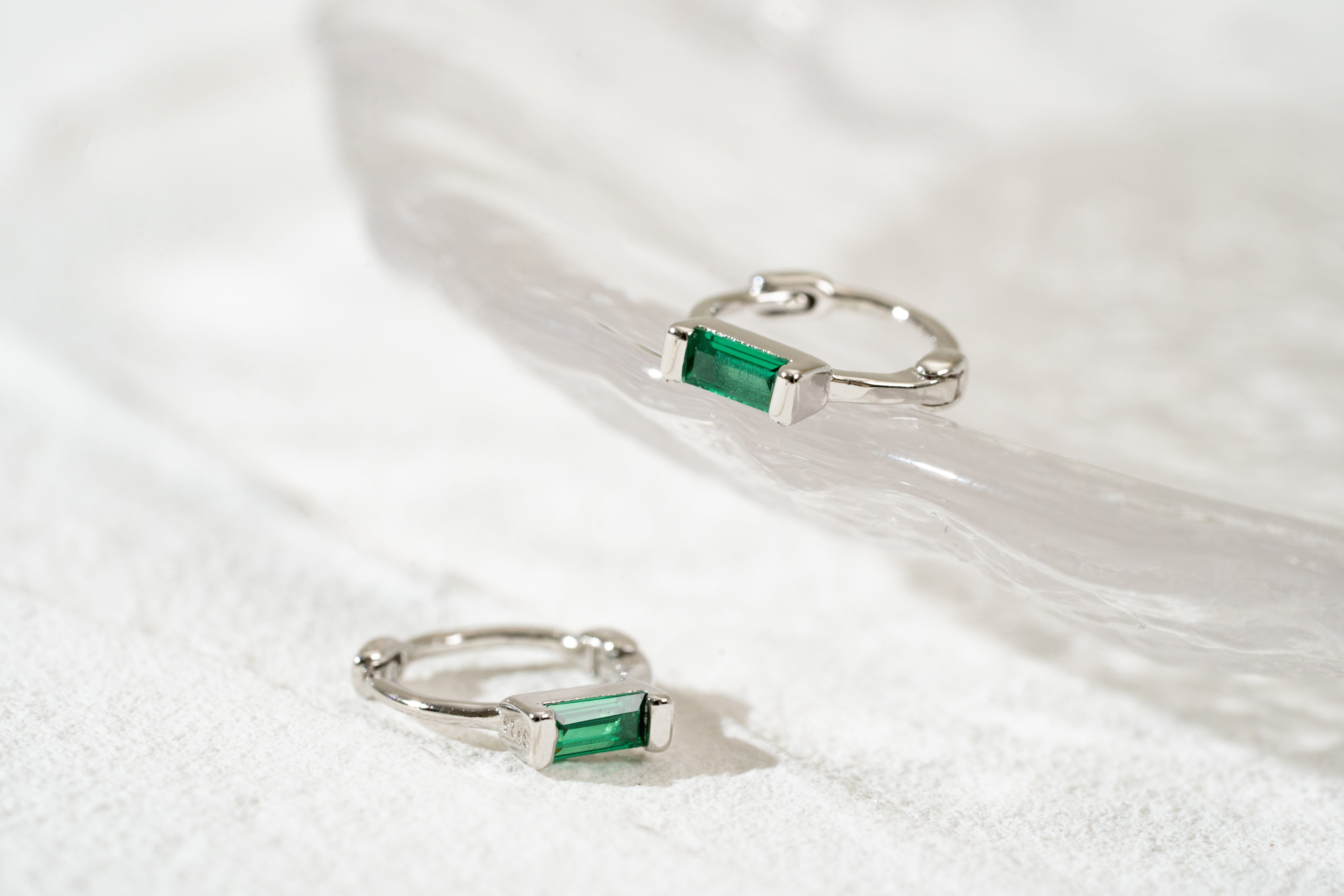 Green Baguette CZ Small Huggie Hoop Earrings