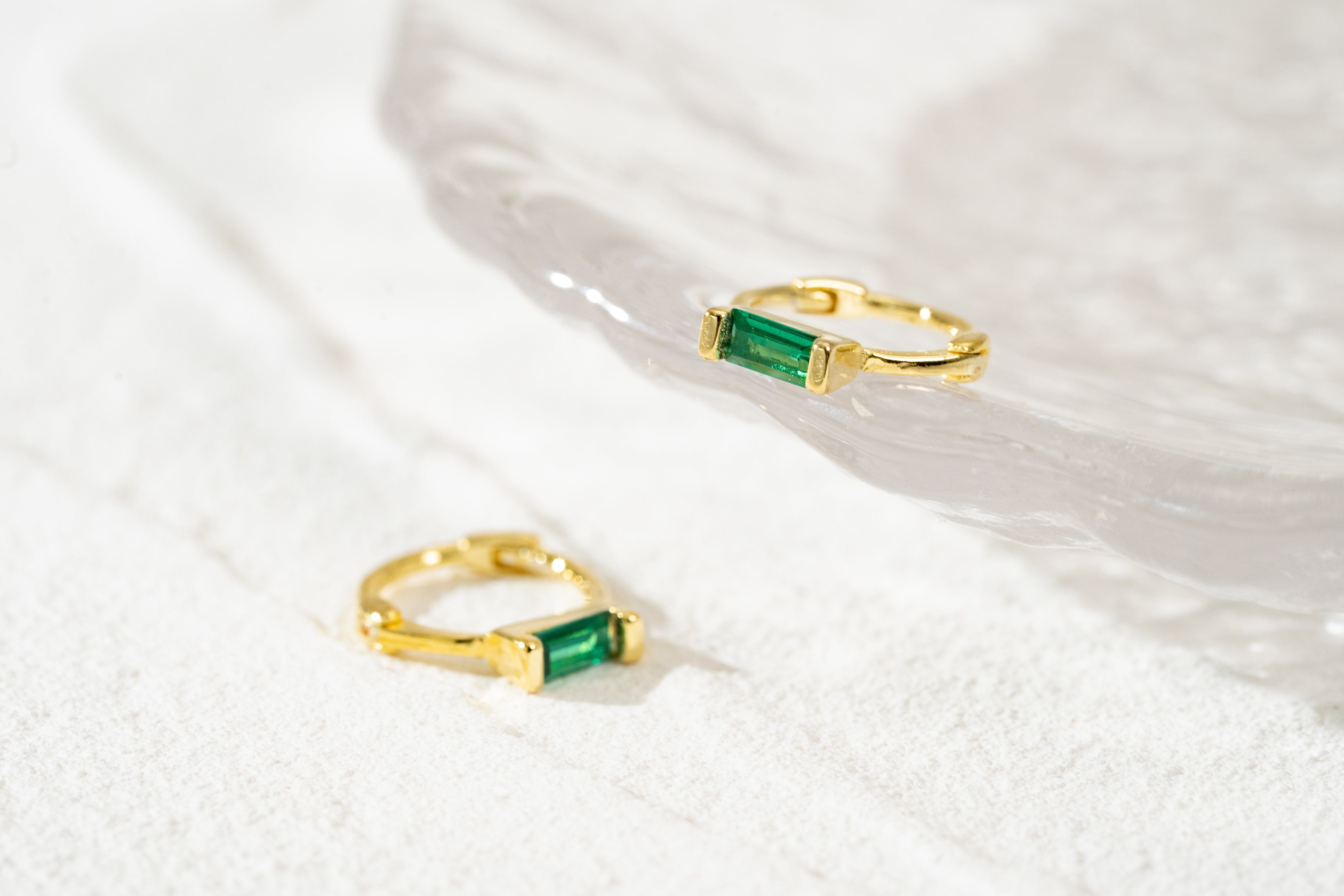 Green Baguette CZ Small Huggie Hoop Earrings