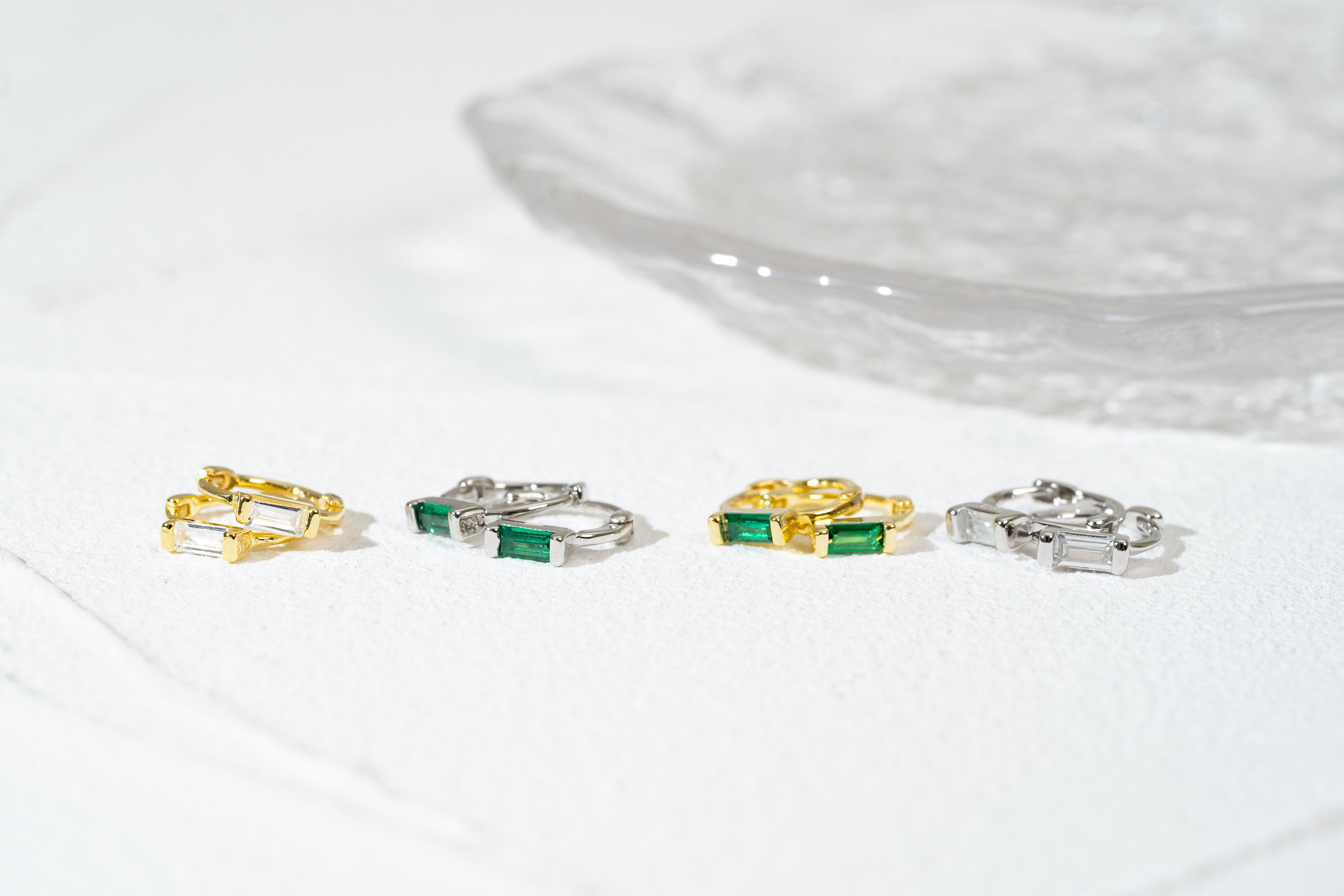 Green Baguette CZ Small Huggie Hoop Earrings