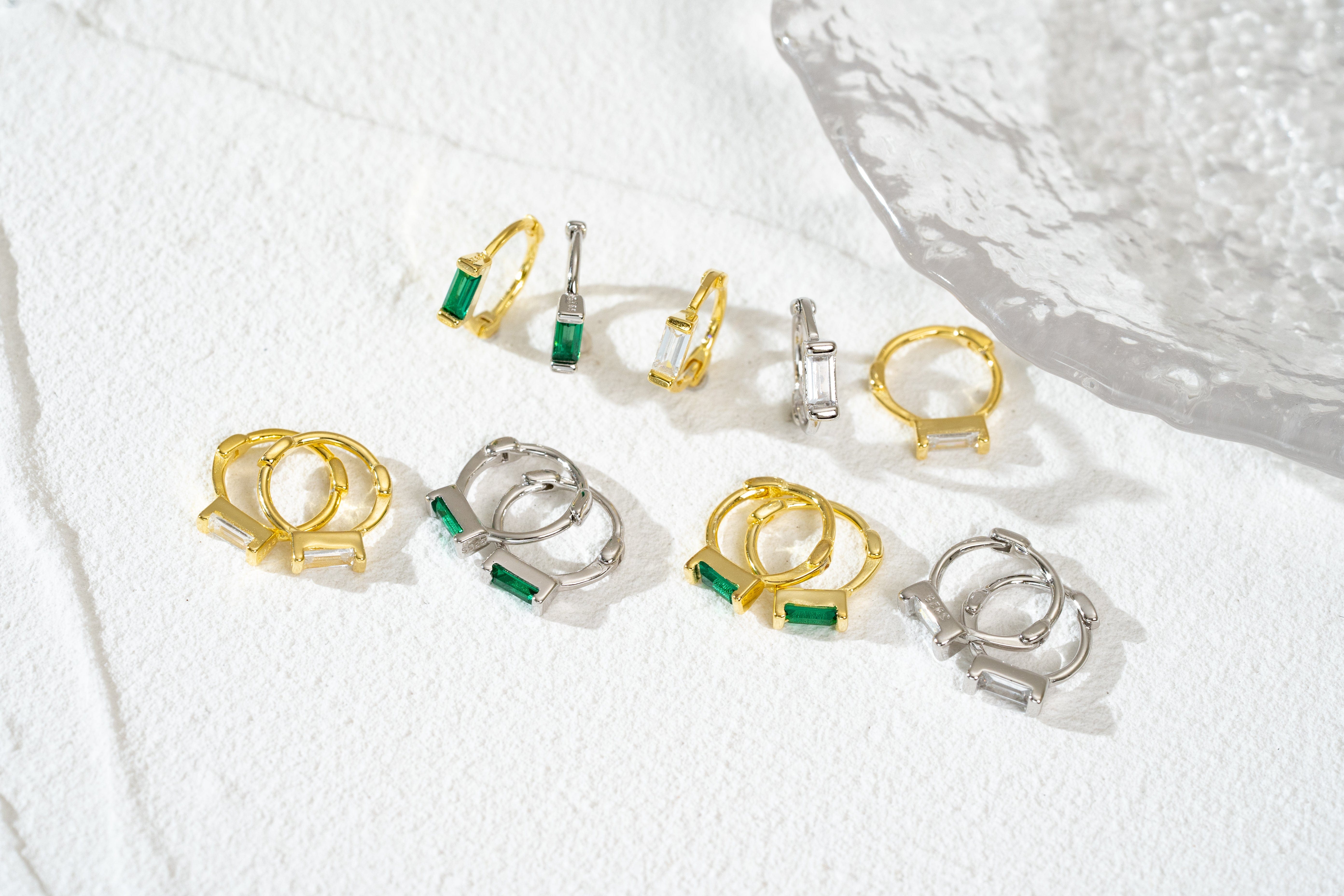 Green Baguette CZ Small Huggie Hoop Earrings