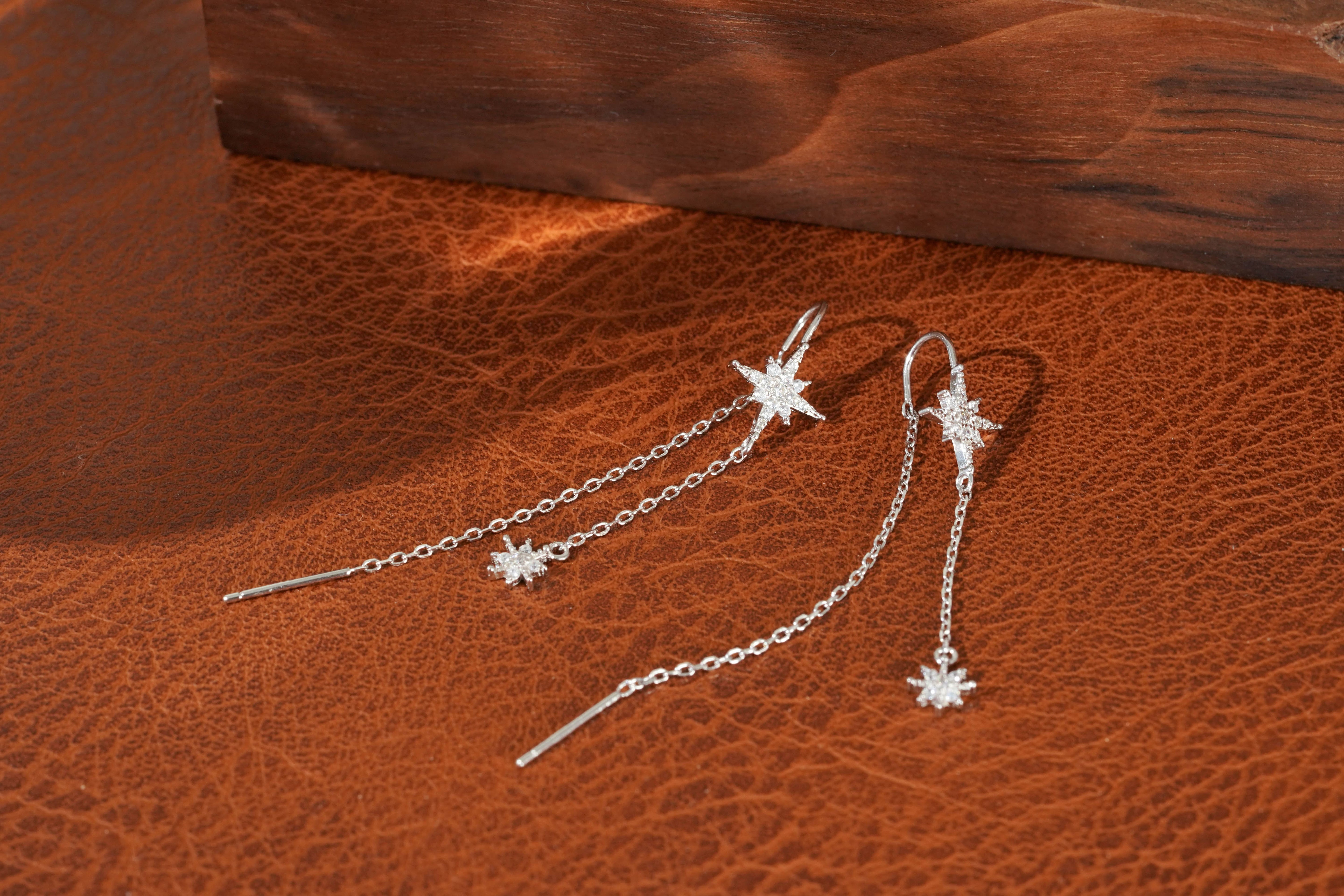 Sterling Silver Northern Star Drop Chain Earrings