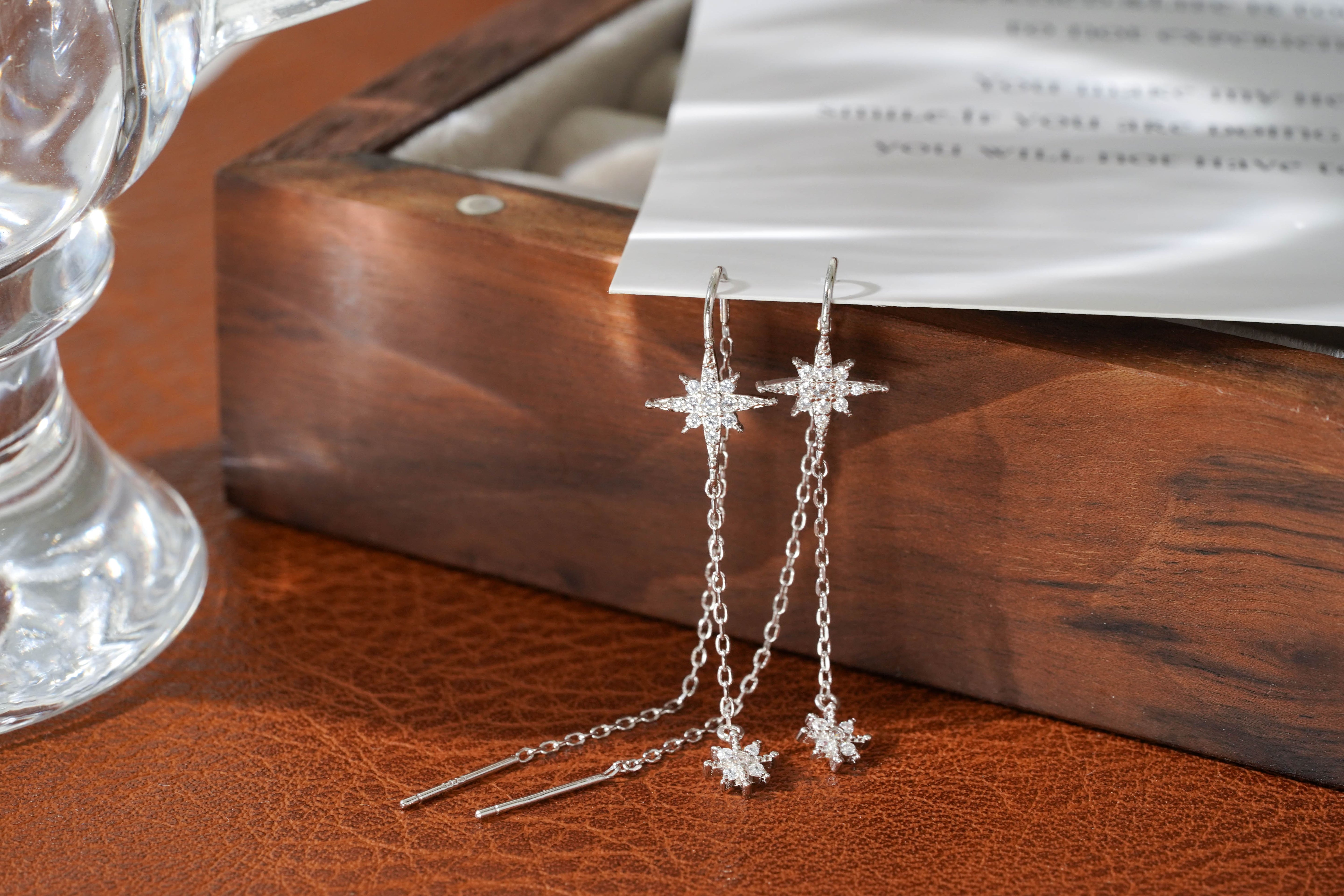 Sterling Silver Northern Star Drop Chain Earrings