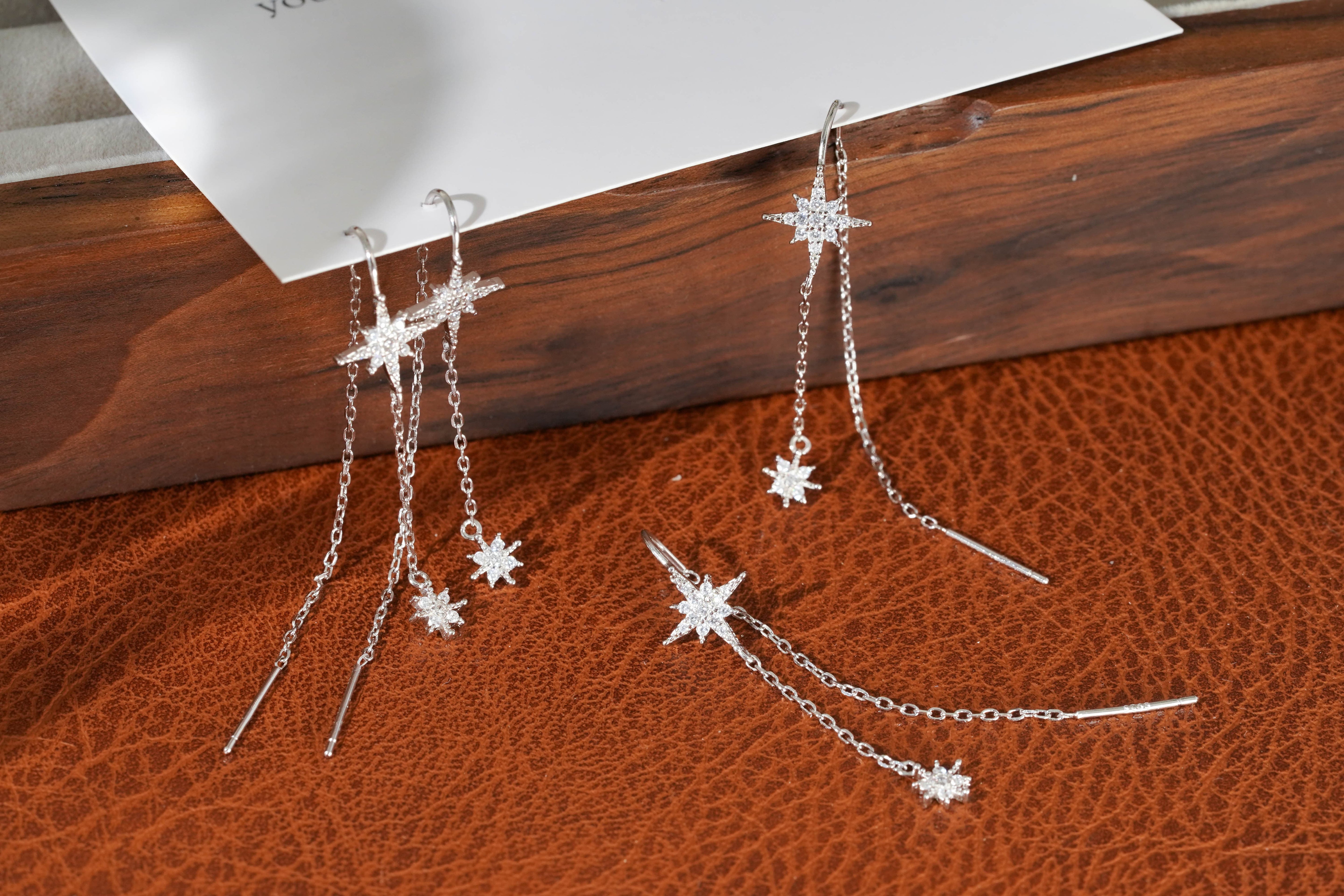 Sterling Silver Northern Star Drop Chain Earrings
