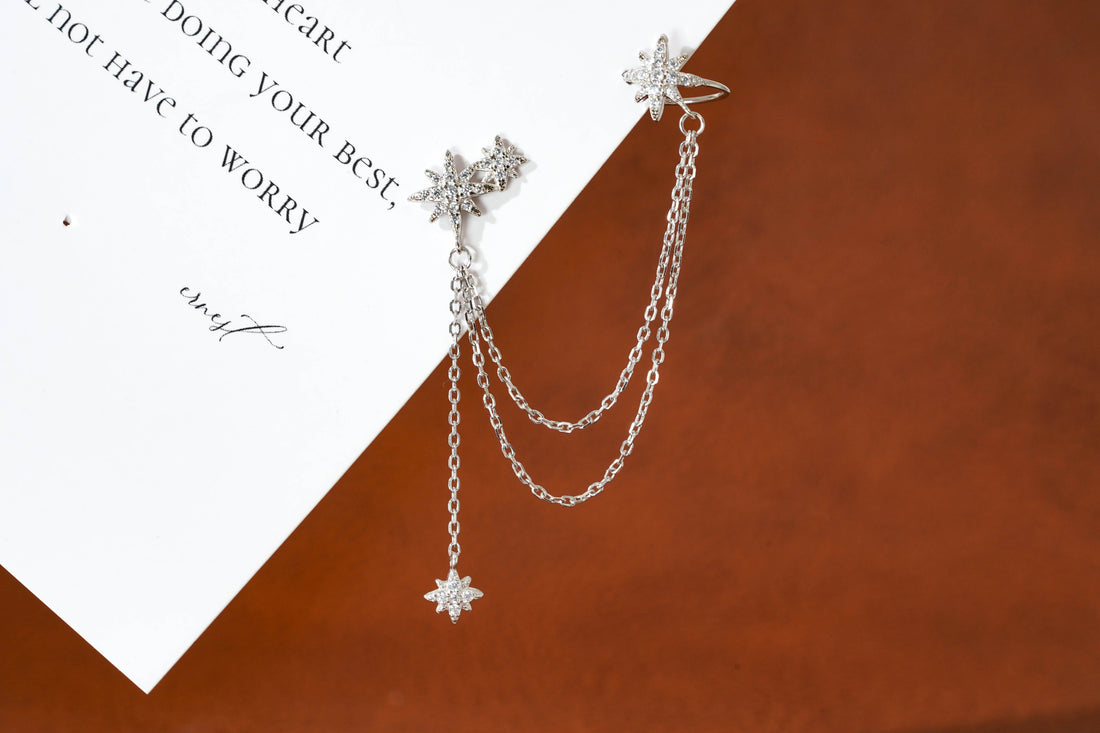 Single Celestial Star Chain Earring in Sterling Silver