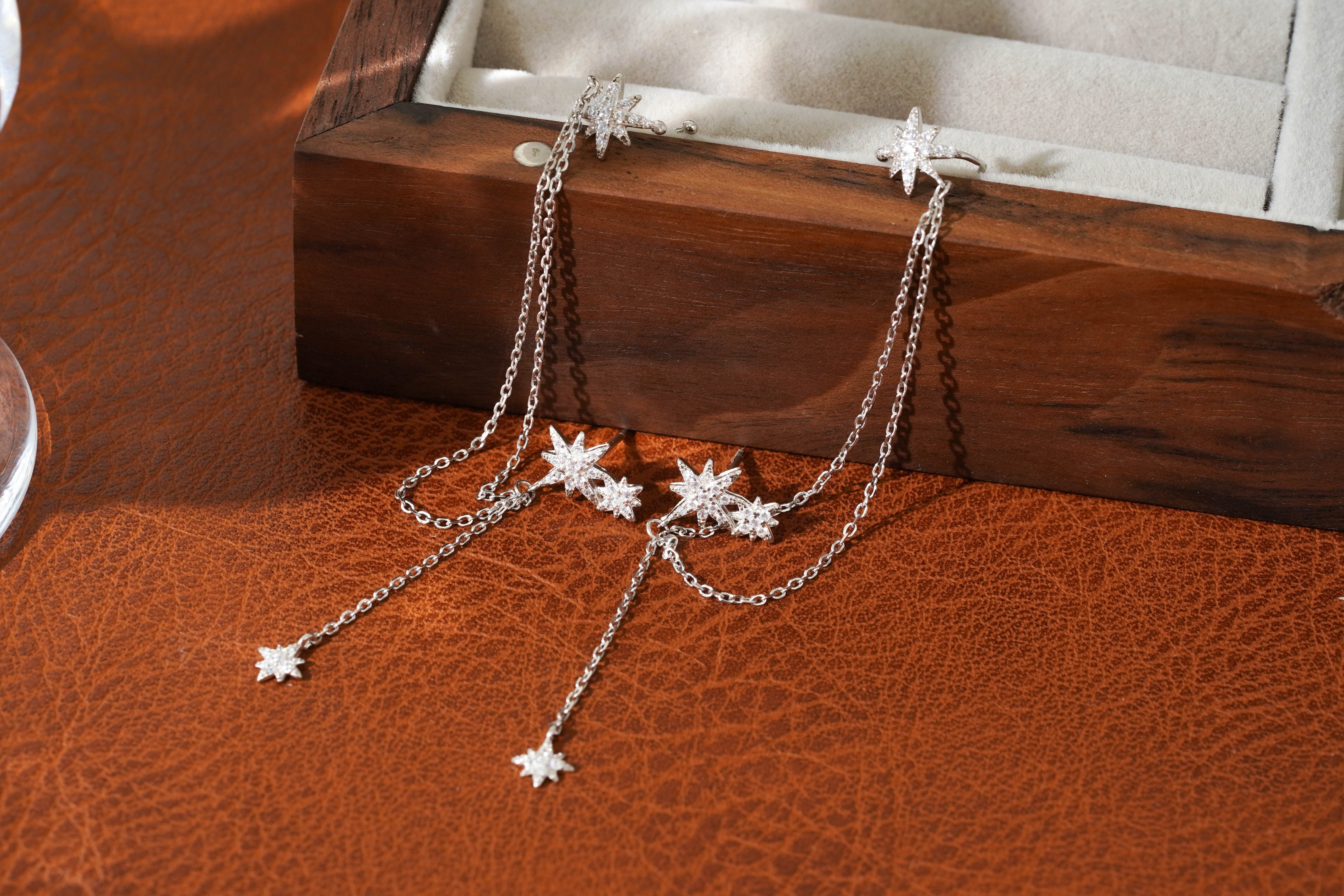 Single Celestial Star Chain Earring in Sterling Silver